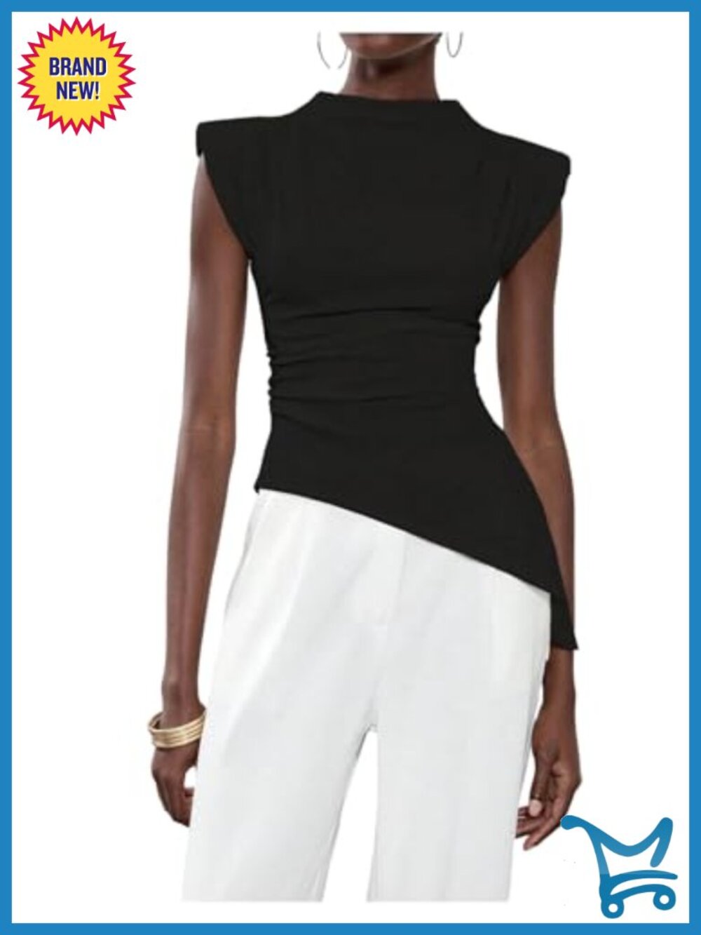Asymmetrical Ruched Mock Neck Shoulder Pad Fitted Summer Top